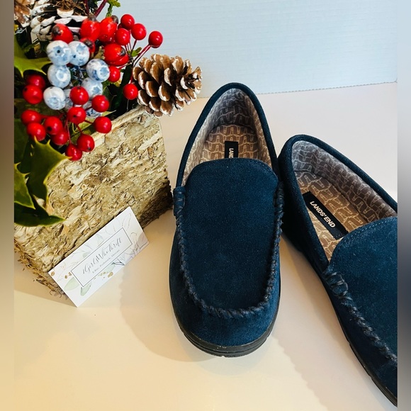 LAND’s END Men’s Moccasin Slippers Lined Printed Flannel Navy Blue Size 8B - Picture 4 of 12